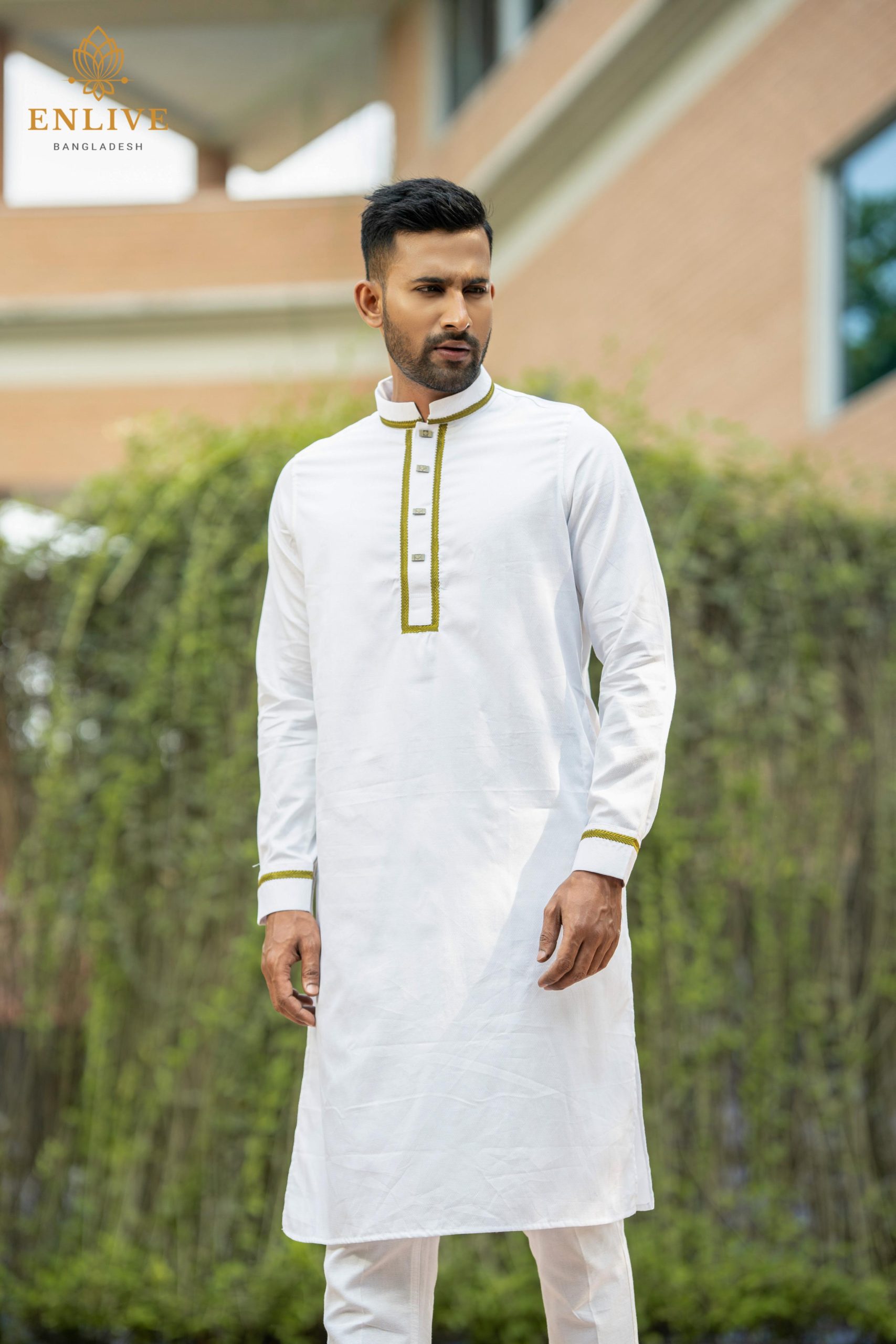 White Green Embroidery Panjabi - Image 2